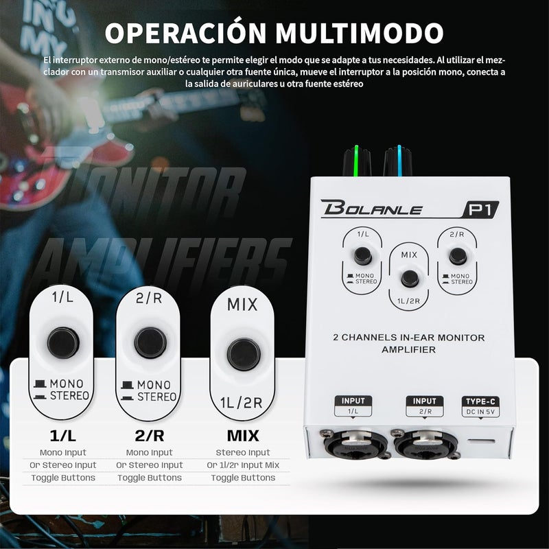 Bolanle P1 Portable in Ear Monitor Amplifier, Headphone Amp with XLR and TRS Input 3.5mm Output, Headphone Amplifier with Stereo/Mono Switch for Keyboardists, Drummers, Guitar (Dual Channel) - Image 3